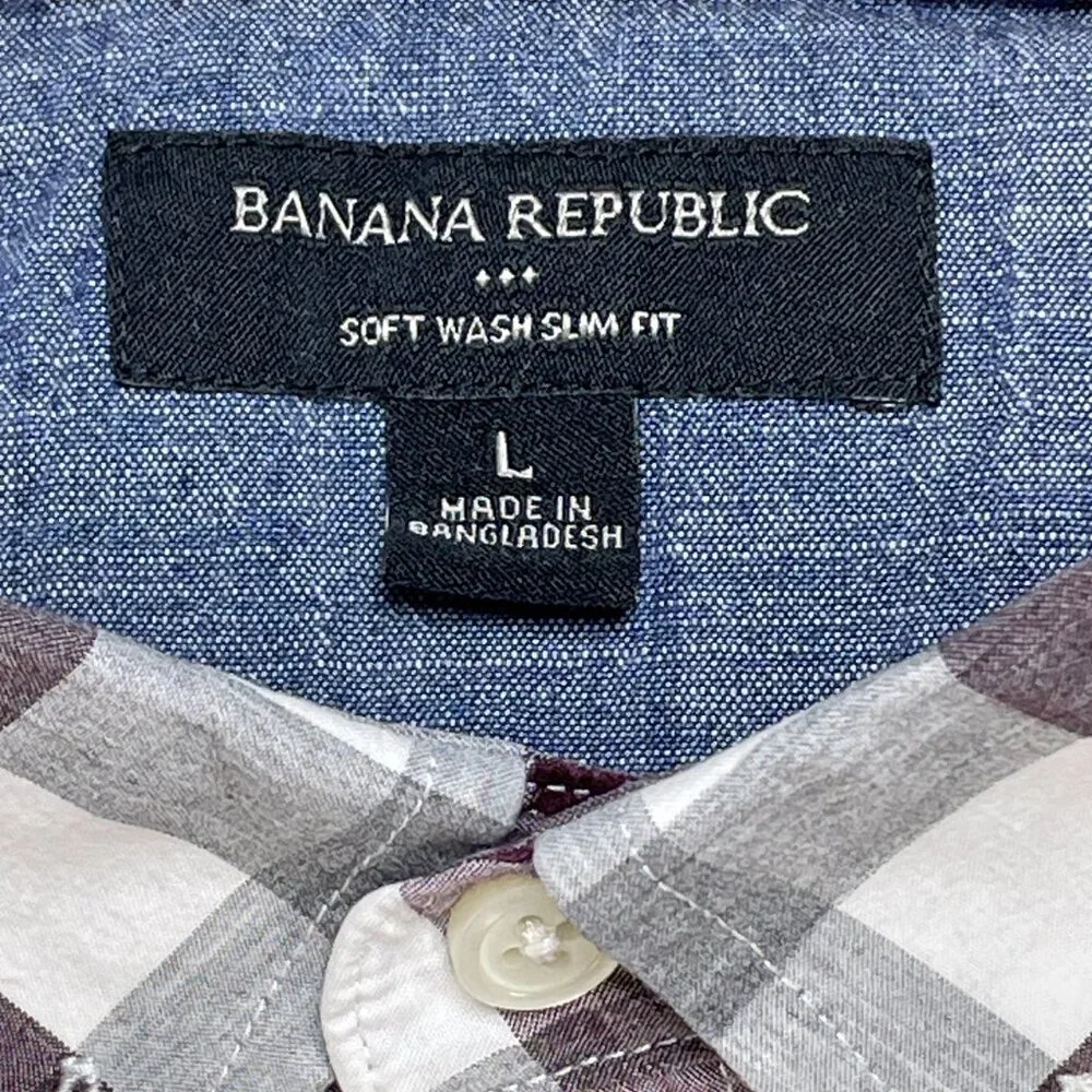 Banana Republic Shirt Mens Sz Large Red Gray Check Soft Wash Slim Fit Shirt